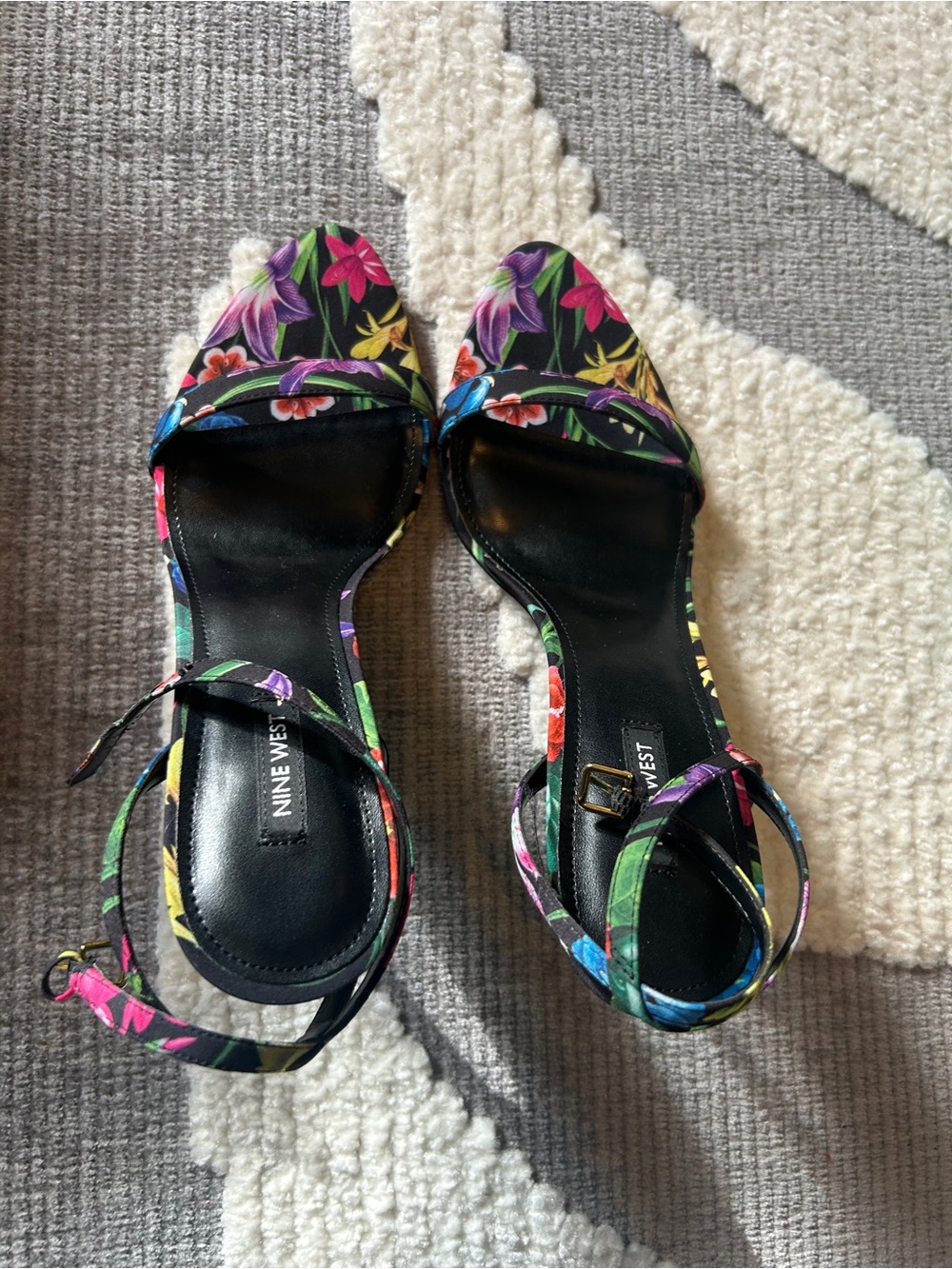 Nine West Black Floral Pointed-Toe Ankle Strap Heels